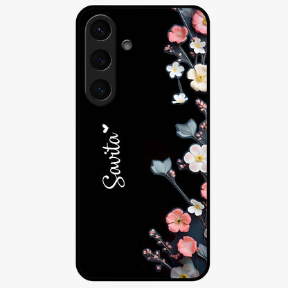 Black Elegance Floral Custom Name Glass Case showing flat back view with elegant floral artwork and personalized name design.