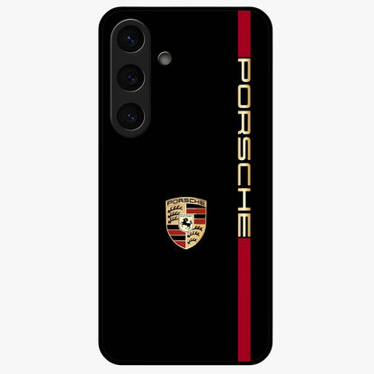 Black Minimal Porsche Glass Case showing flat back view with sleek minimal sports car artwork and glossy glass finish.