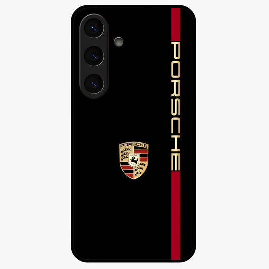 Black Minimal Porsche Glass Case showing flat back view with sleek minimal sports car artwork and glossy glass finish.