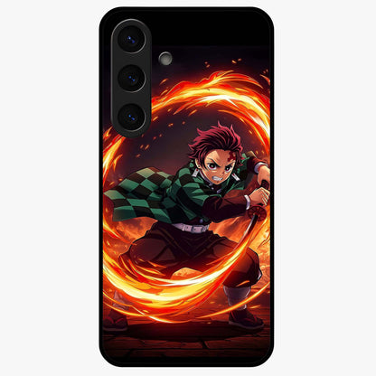 Blazing Sword Resolve Glass Case showing flat back view with fiery sword artwork and glossy glass finish.