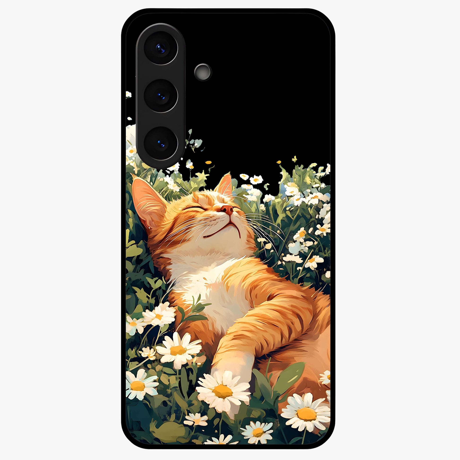 Blissful Bloom Cat Glass Case showing flat back view with cute cat and floral bloom artwork and glossy glass finish.