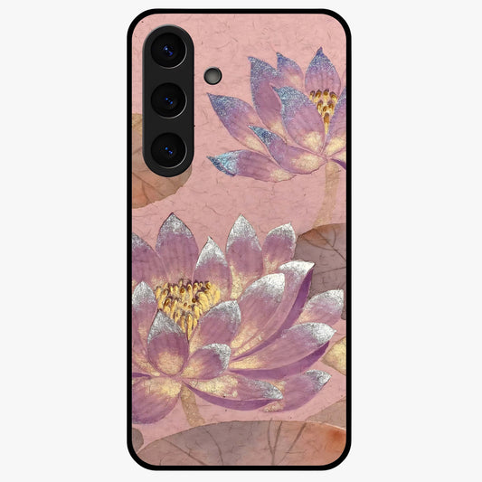 Blossom Mist Lotus Glass Case showing flat back view with serene lotus blossom artwork and glossy glass finish.