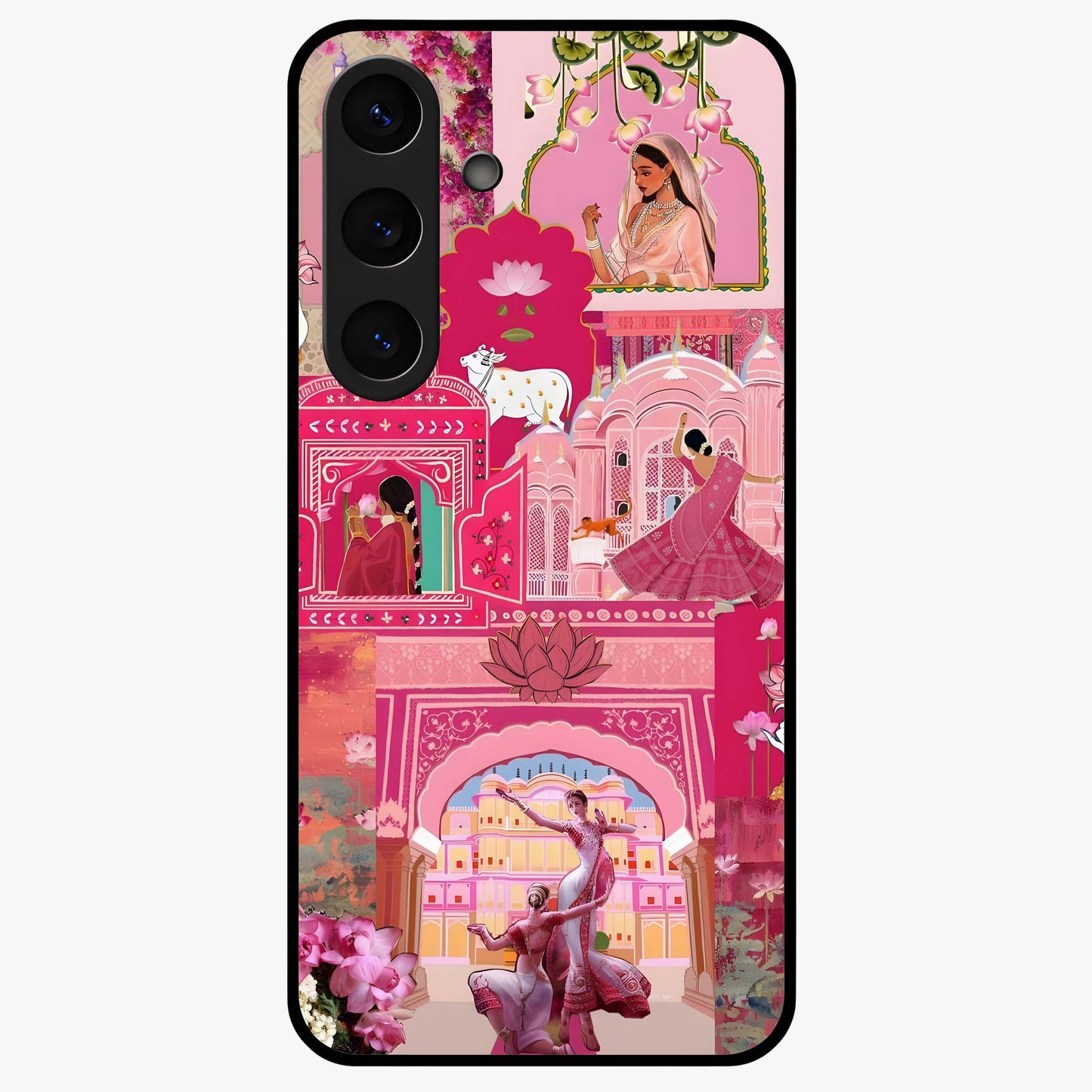 Blossoms of Rajasthan Glass Case showing flat back view with traditional floral artwork inspired by Rajasthan and glossy glass finish.