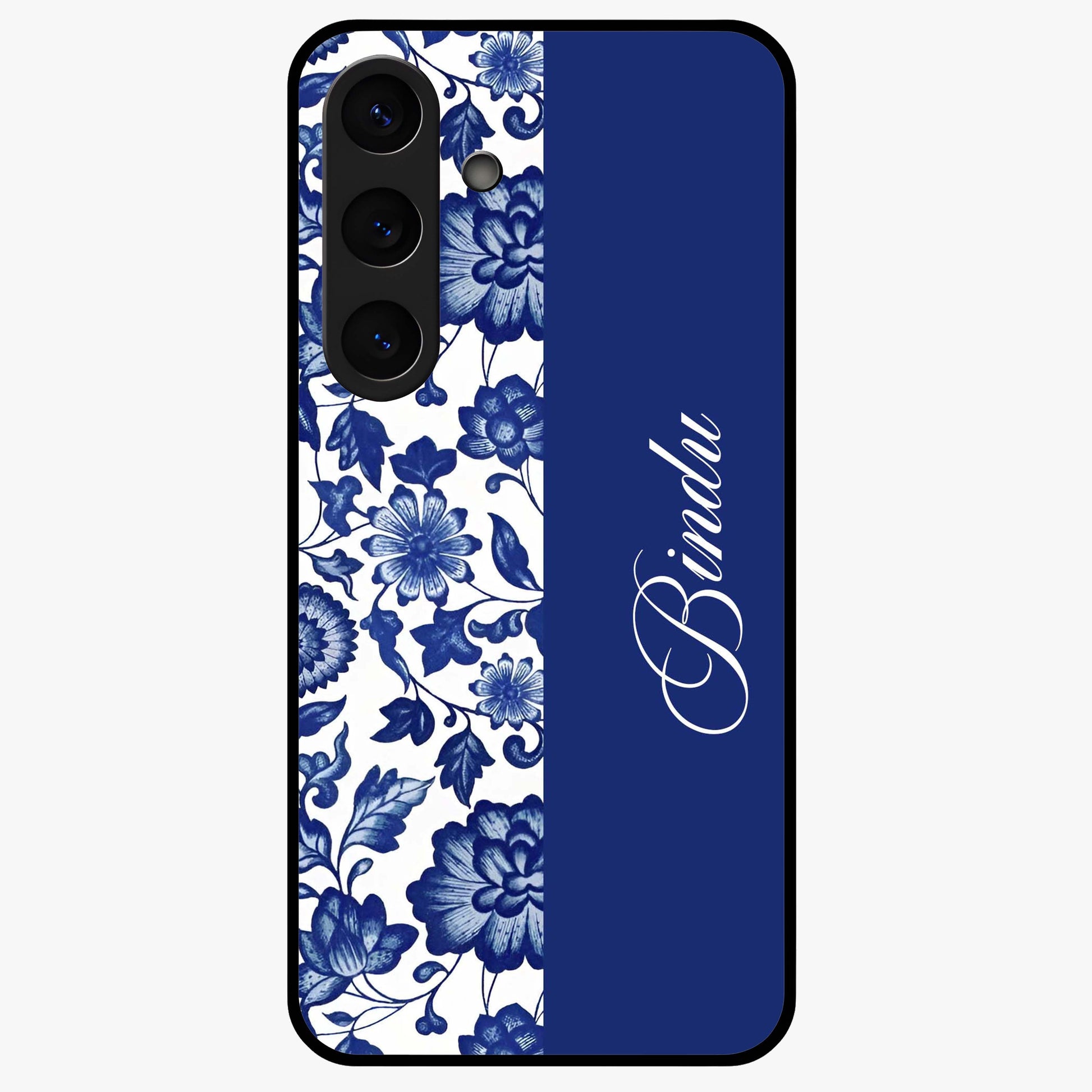 Blue Vintage Floral Pattern Glass Case upright view showcasing timeless floral illustration with vintage inspired style.