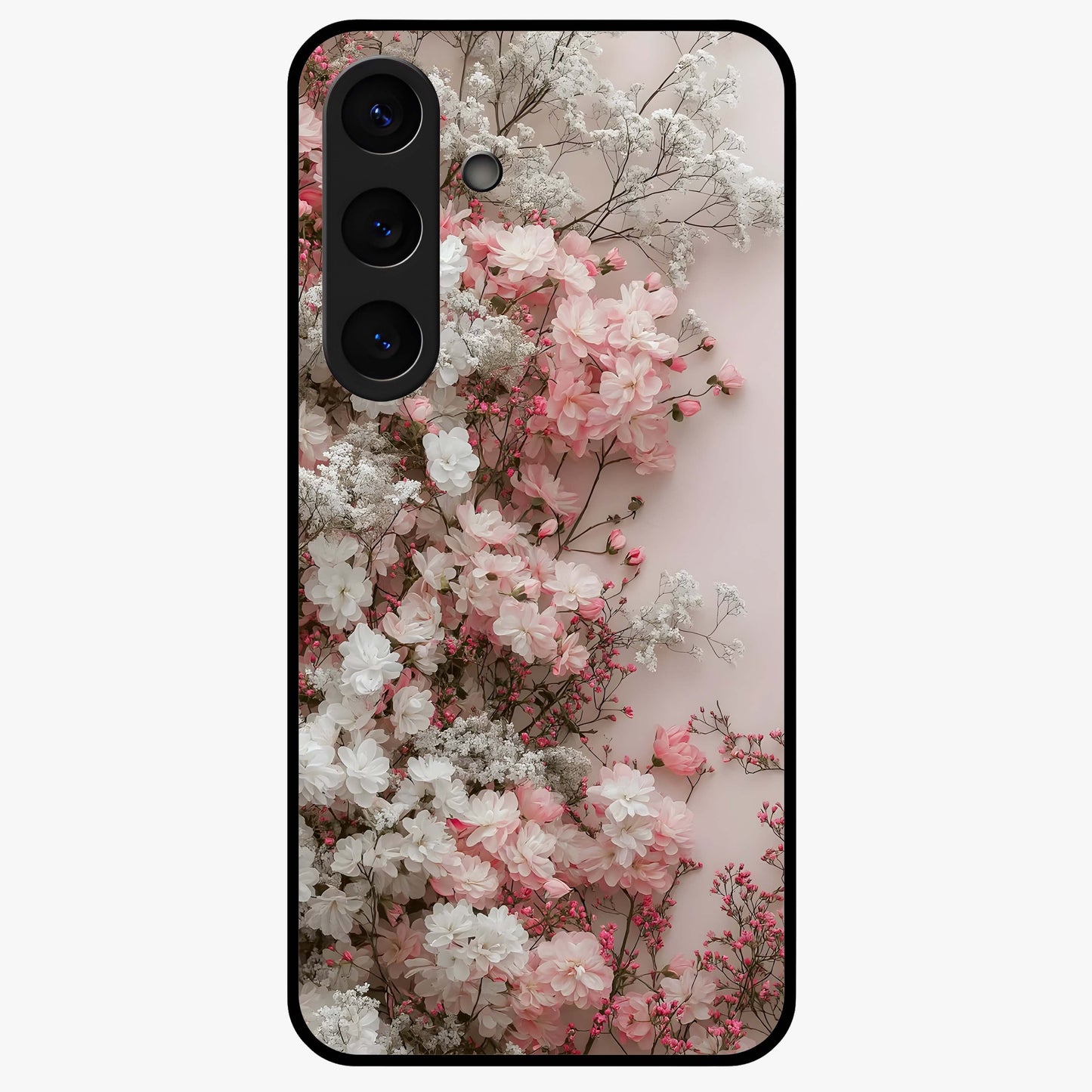 Blush Blossom Cloud Glass Case showing flat back view with dreamy blush cloud blossom artwork and glossy glass finish.