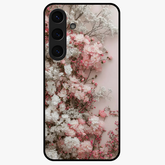 Blush Blossom Cloud Glass Case showing flat back view with dreamy blush cloud blossom artwork and glossy glass finish.