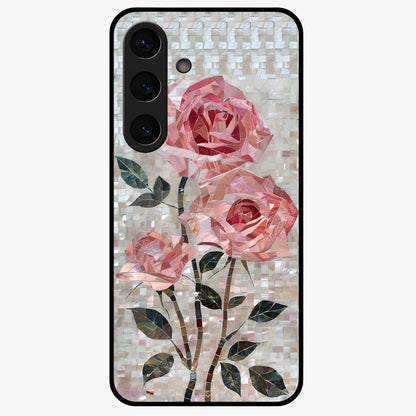 Blush Mosaic Bloom Glass Case showing flat back view with mosaic floral bloom artwork and glossy glass finish.