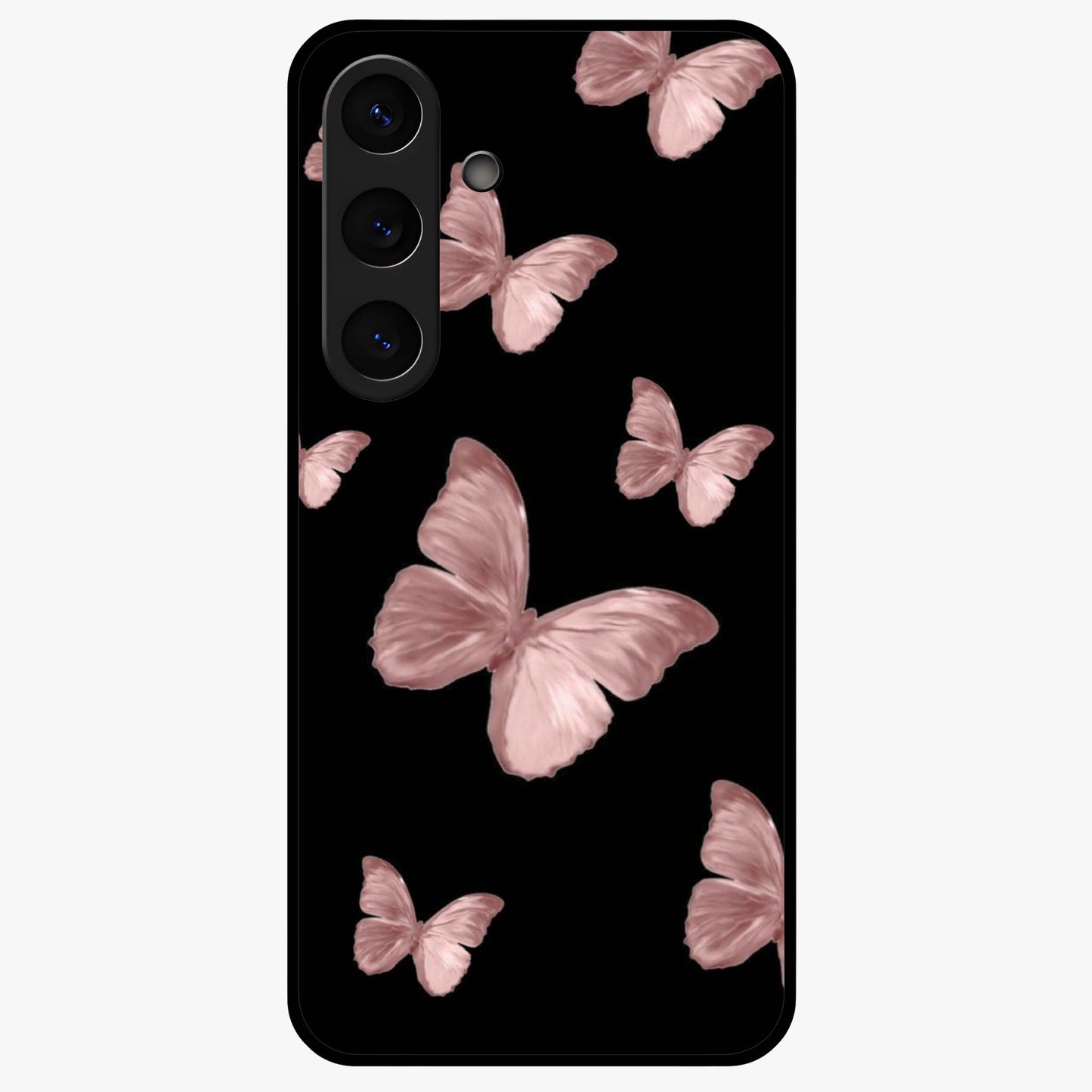 Butterfly Pattern Glass Case showing flat back view with elegant butterfly pattern artwork and glossy glass finish.