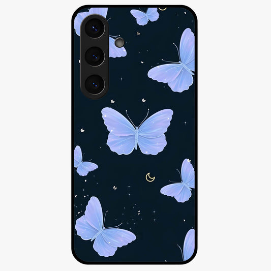 Butterfly With Stars Pattern Glass Case showing flat back view with butterfly and star pattern artwork and glossy glass finish.