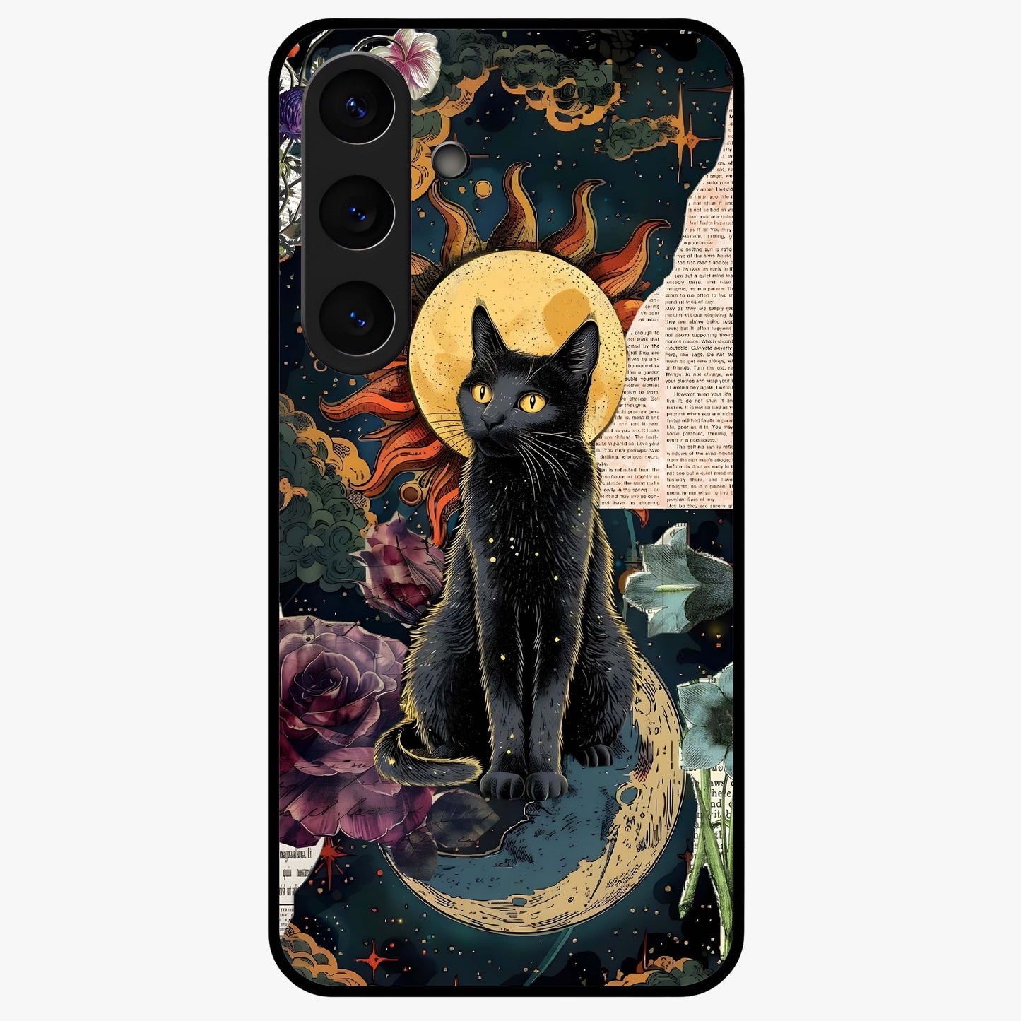 Celestial Black Cat Glass Case showing flat back view with mystical black cat artwork and glossy glass finish.
