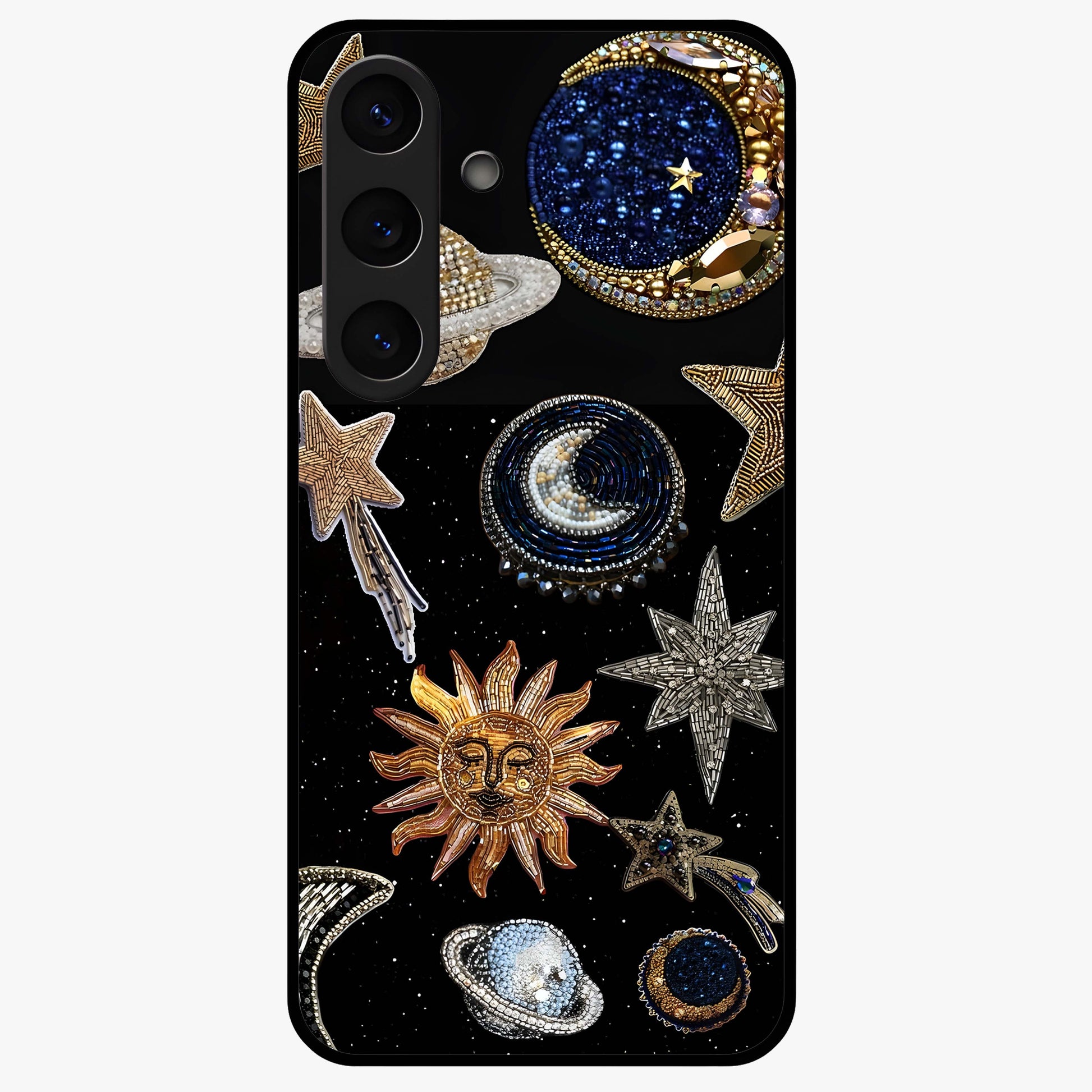 Celestial Gem Constellations Glass Case showing flat back view with sparkling constellation artwork and glossy glass finish.