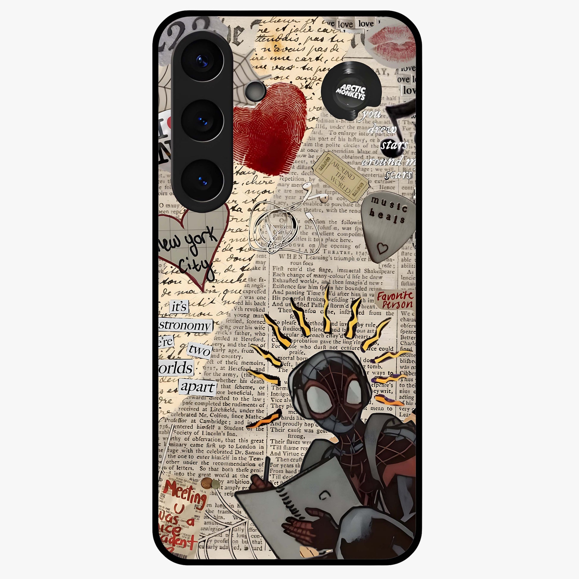 City Dream Sketch Glass Case showing flat back view with artistic city skyline sketch artwork and glossy glass finish.