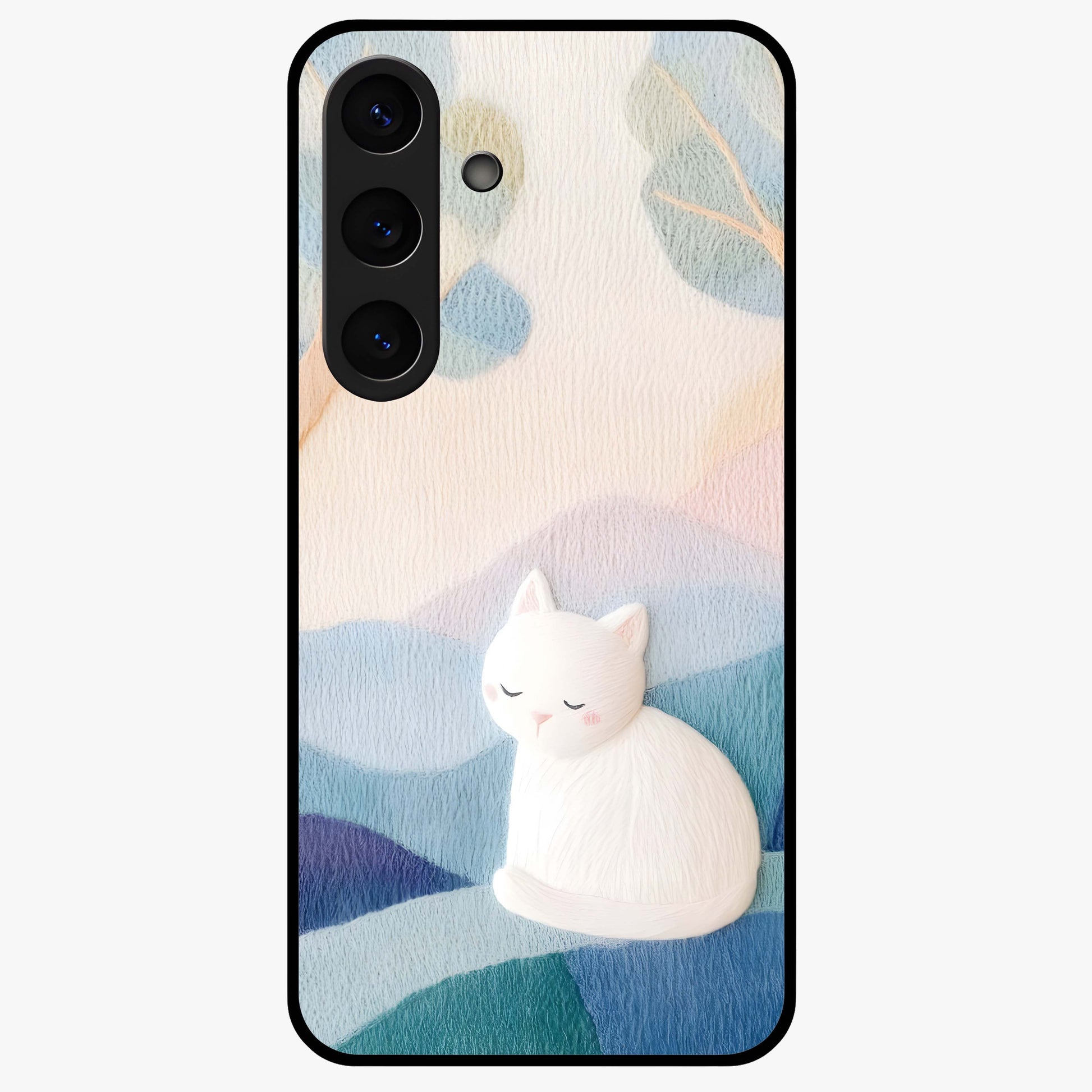 Cotton Dream Cat Glass Case showing flat back view with soft dreamy cat artwork and glossy glass finish.