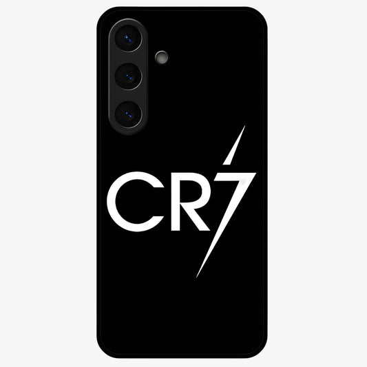 Cr7 Elite Strike Glass Case showing flat back view with dynamic football inspired artwork and glossy glass finish.