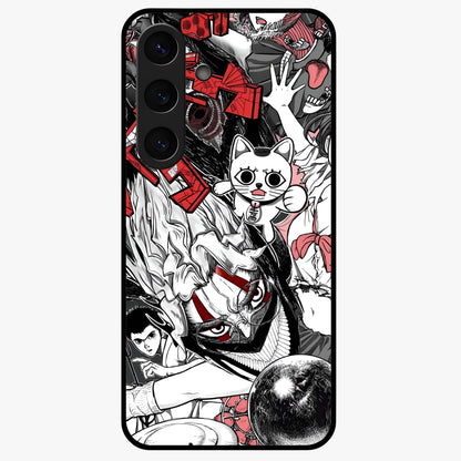 Crimson Chaos Panel Glass Case showing flat back view with bold crimson abstract artwork and glossy glass finish.