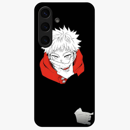 Crimson Chaos Smile Glass Case showing flat back view with bold chaotic smile artwork and glossy glass finish.
