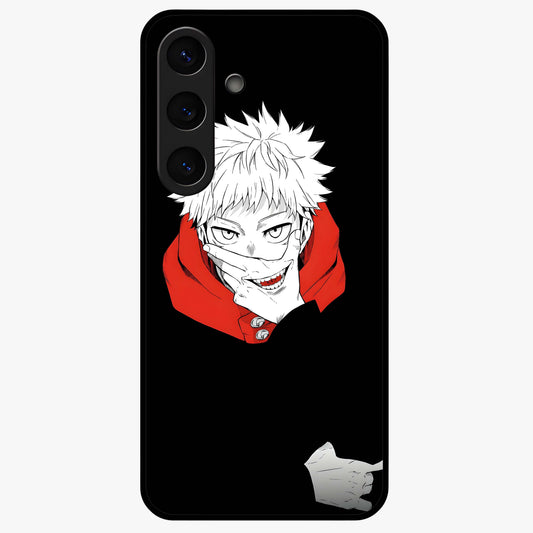 Crimson Chaos Smile Glass Case showing flat back view with bold chaotic smile artwork and glossy glass finish.