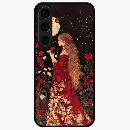 Crimson Dreams Glass Case showing flat back view with dreamy crimson artwork and glossy glass finish.