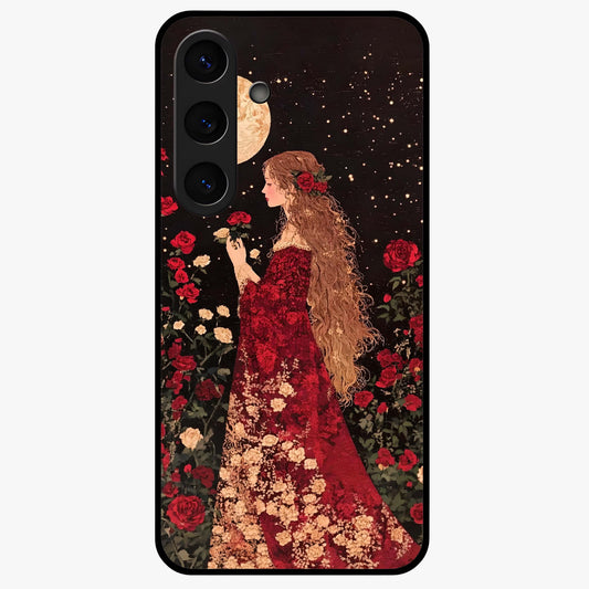 Crimson Dreams Glass Case showing flat back view with dreamy crimson artwork and glossy glass finish.