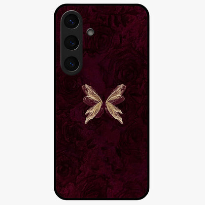 Crimson Fade Butterfly Glass Case showing flat back view with fading butterfly artwork and glossy glass finish.
