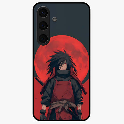 Crimson Moon Warlord Glass Case showing flat back view with mystical moon warrior artwork and glossy glass finish.