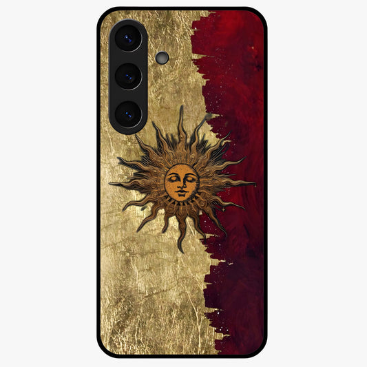 Crimson Sun Majesty Glass Case showing flat back view with radiant sun inspired artwork and glossy glass finish.