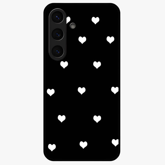 Cute And Simple White Hearts Glass Case showing flat back view with minimal white heart pattern and glossy glass finish.