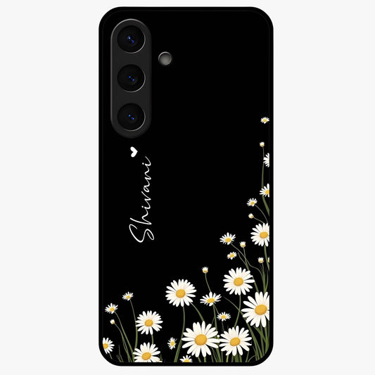 Daisy Cascade Custom Name Glass Case showing flat back view with cascading daisy flowers and personalized name design.