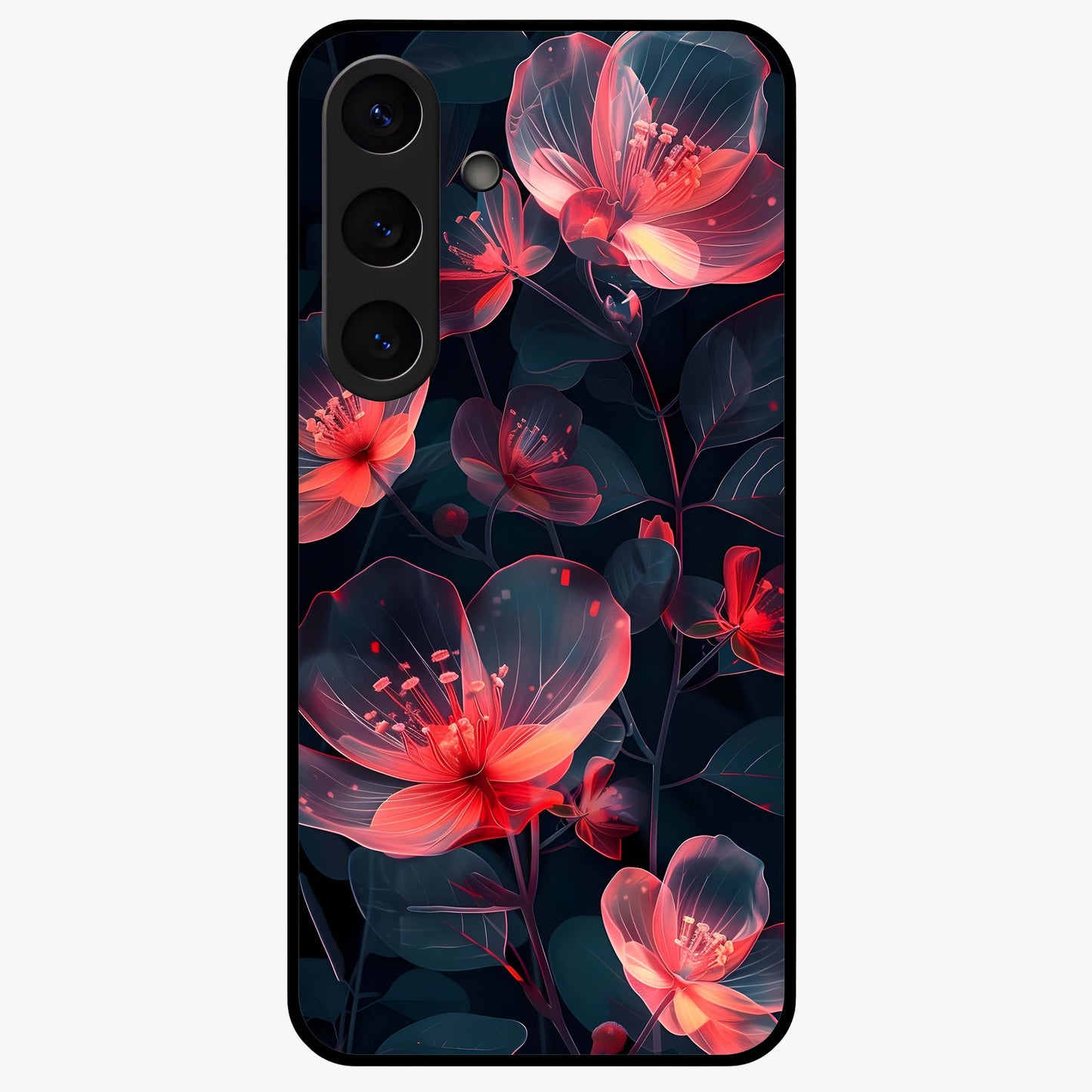 Dark Shade of Flower Glass Case showing flat back view with elegant dark floral artwork and glossy glass finish.