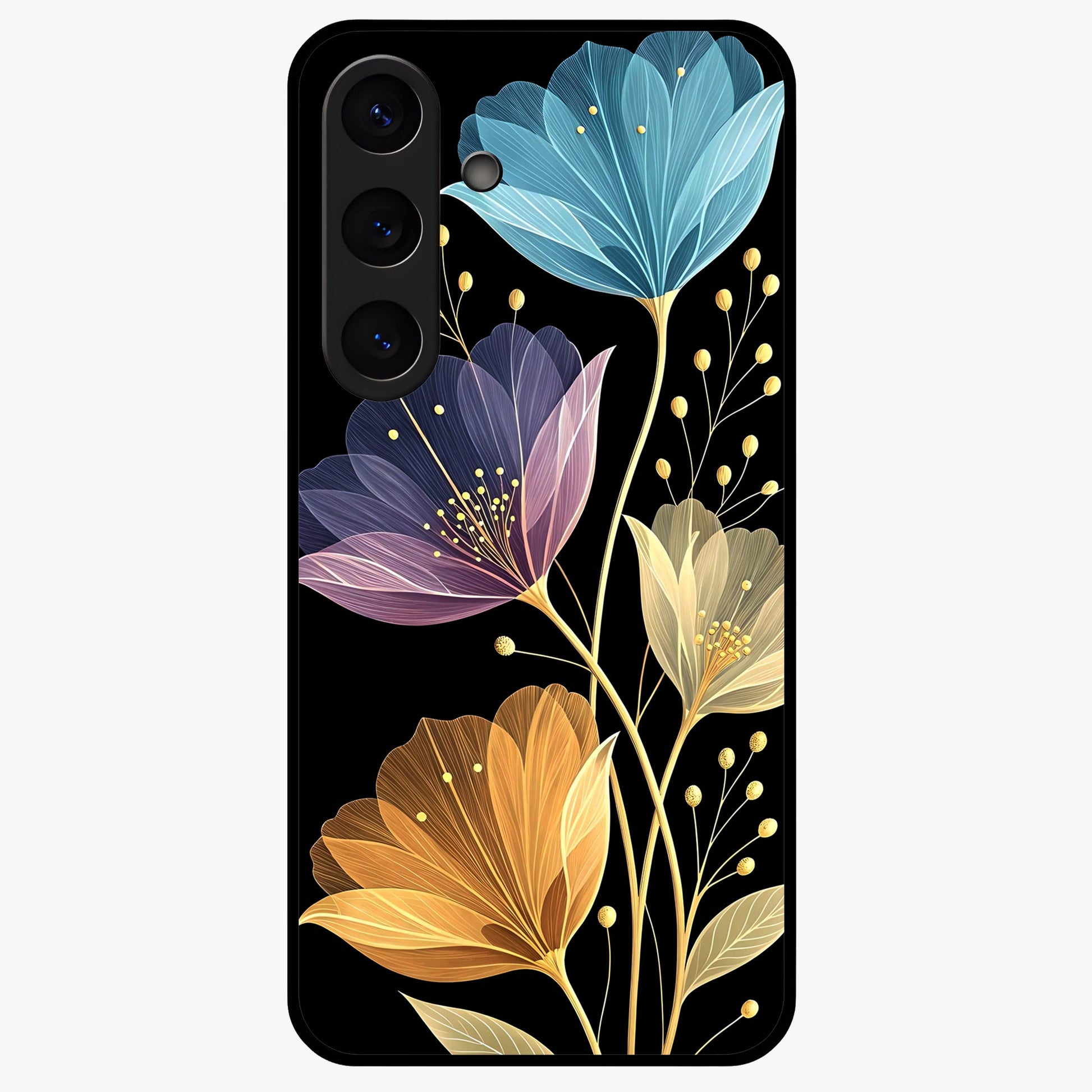 Delicate Multicolor Flowers Glass Case showing flat back view with vibrant floral artwork and glossy glass finish.