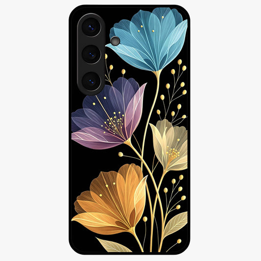 Delicate Multicolor Flowers Glass Case showing flat back view with vibrant floral artwork and glossy glass finish.