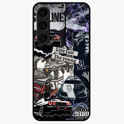 Die Young Glass Case showing flat back view with bold artistic typography design and glossy glass finish.