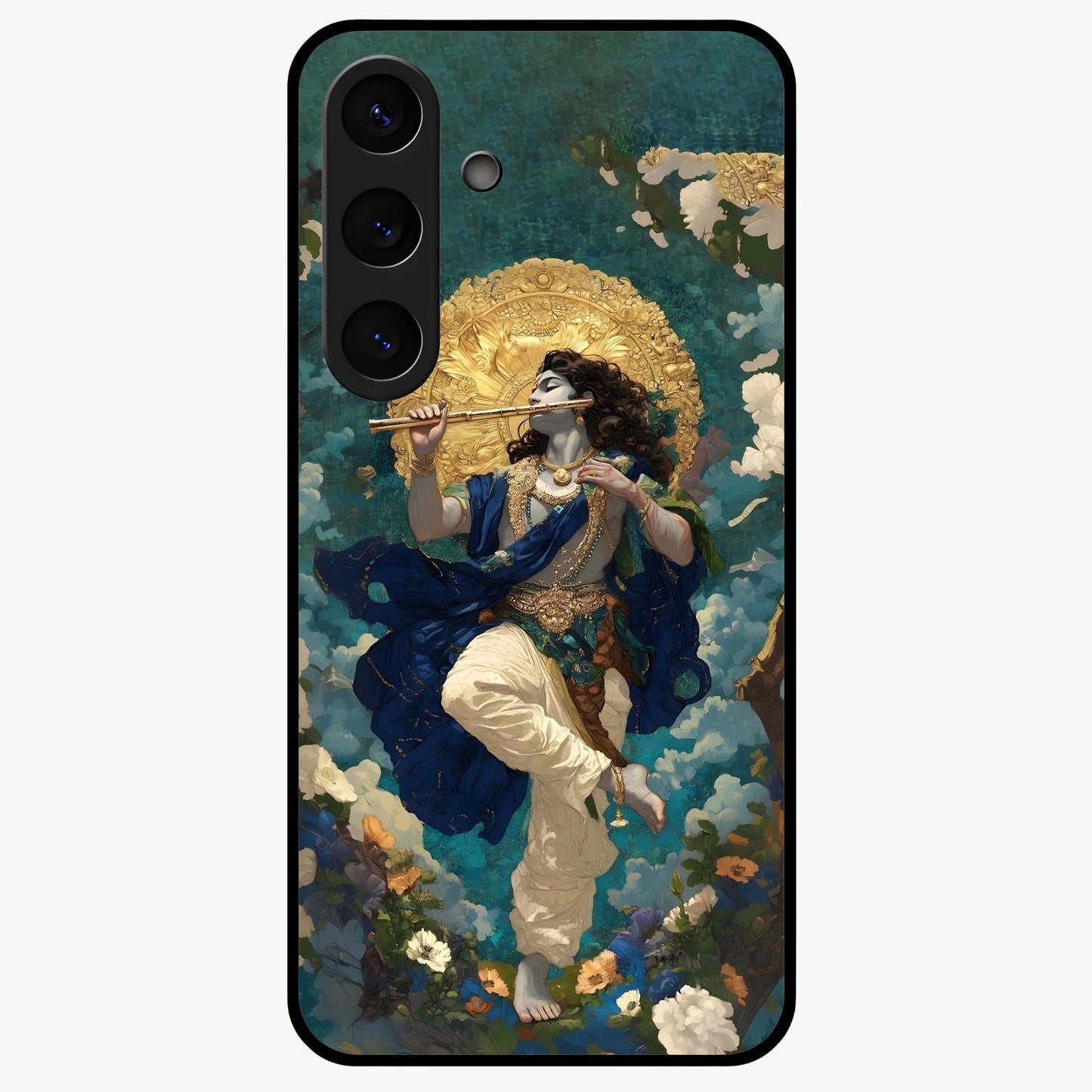 Divine Krishna Art Glass Case showing flat back view with Lord Krishna artwork and glossy glass finish.