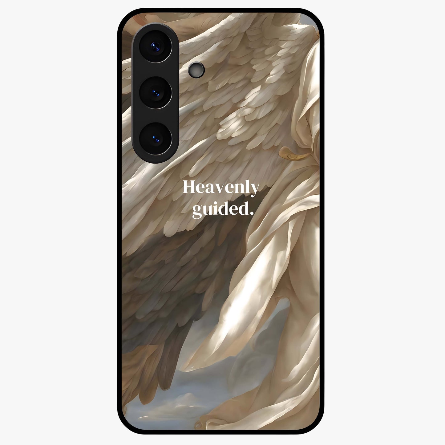Divine Winged Grace Glass Case showing flat back view with elegant wing inspired artwork and glossy glass finish.