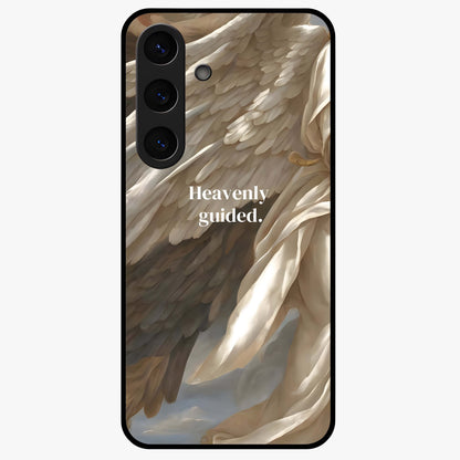 Divine Winged Grace Glass Case showing flat back view with elegant wing inspired artwork and glossy glass finish.
