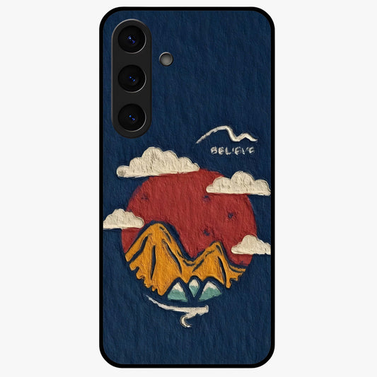 Dream Beyond Mountains Glass Case showing flat back view with scenic mountain landscape artwork and glossy glass finish.