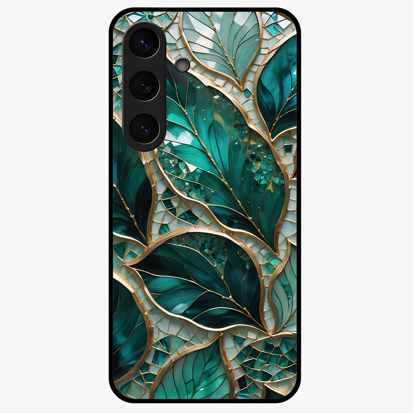 Emerald Leaf Glass Glass Case showing flat back view with emerald green leaf artwork and glossy glass finish.