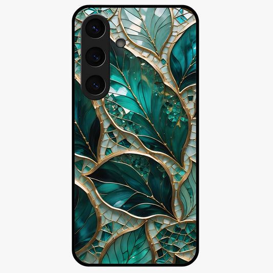 Emerald Leaf Glass Glass Case showing flat back view with emerald green leaf artwork and glossy glass finish.