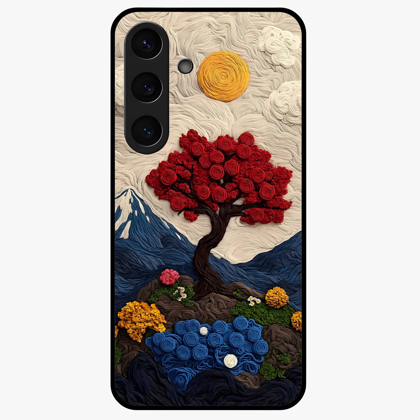 Eternal Nature Tapestry Glass Case showing flat back view with intricate nature tapestry artwork and glossy glass finish.