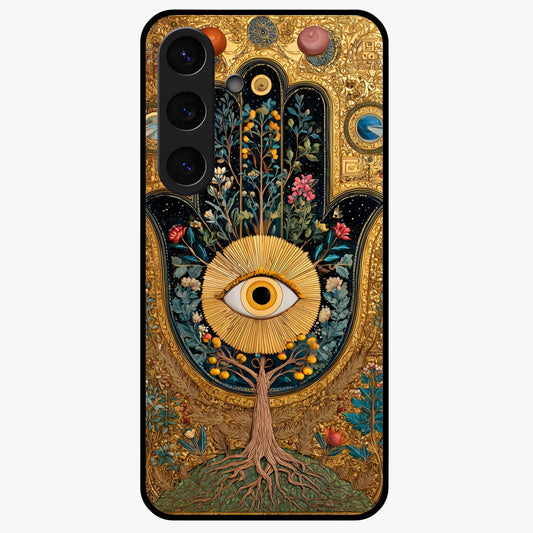 Ethereal Evil Eye Glass Case showing flat back view with mystical evil eye artwork and glossy glass finish.