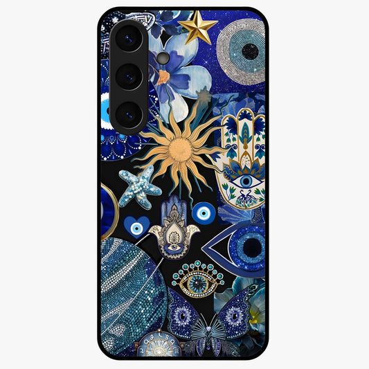 Evil Eye Charm Mix Glass Case showing flat back view with multiple evil eye charms artwork and glossy glass finish.