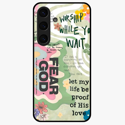 Faith Over Fear Glass Case showing flat back view with motivational typography artwork and glossy glass finish.