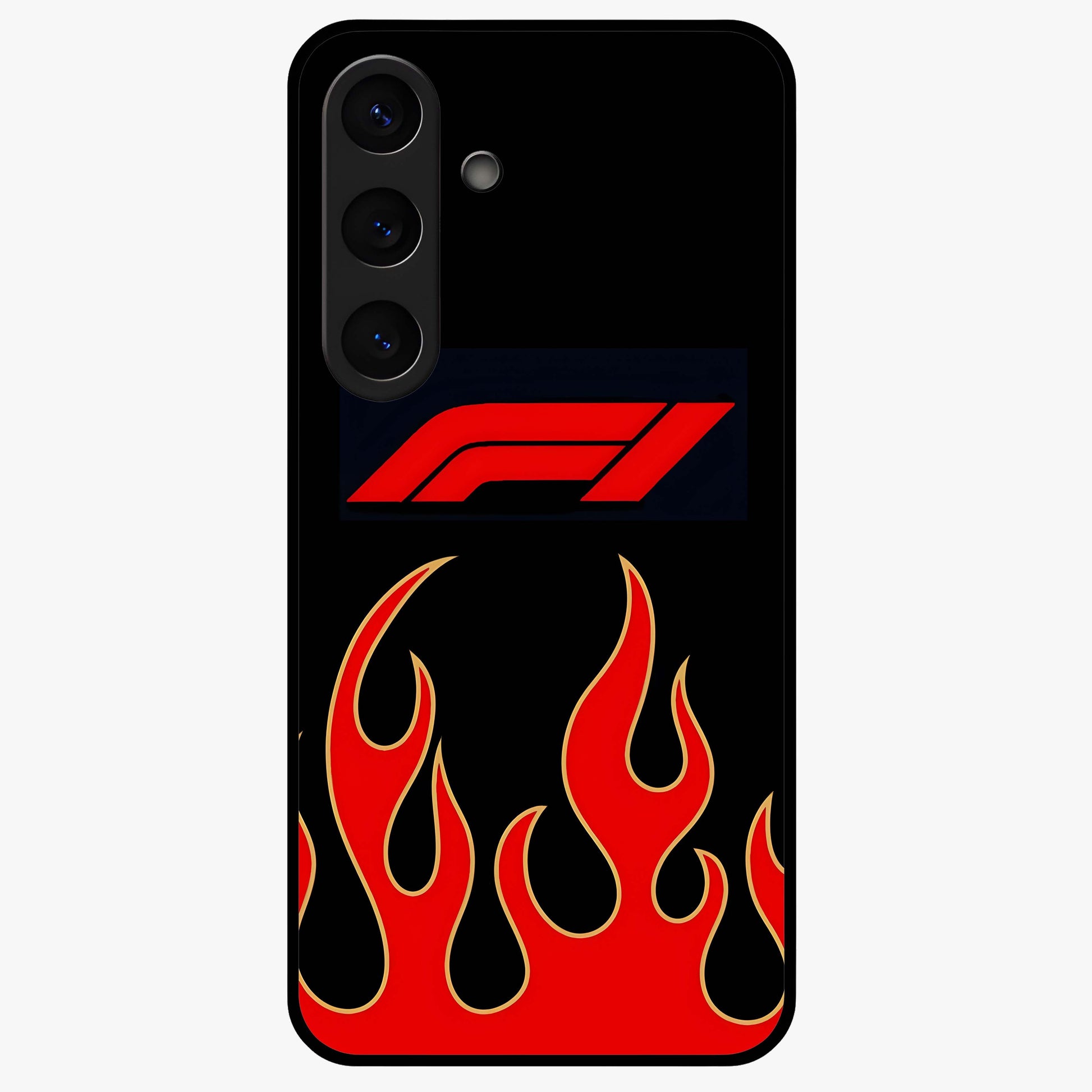 Fire F11 Glass Case showing flat back view with fiery themed artwork and glossy glass finish.