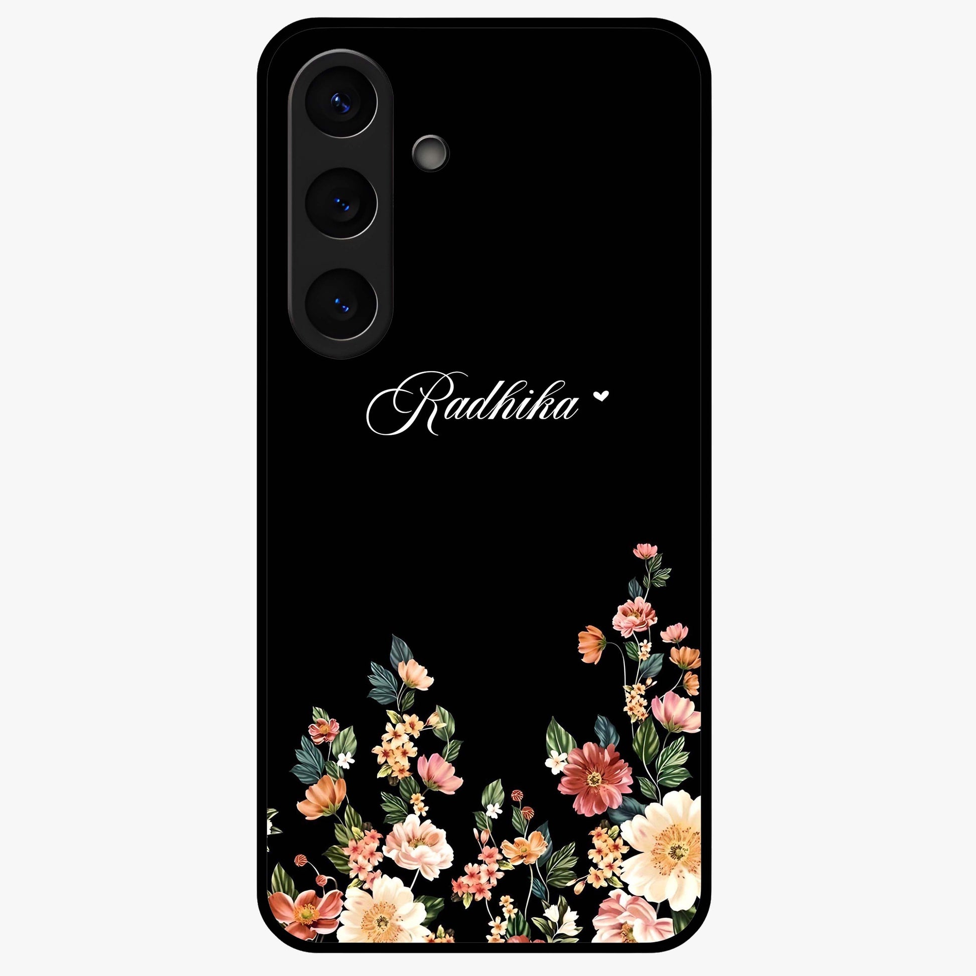 Floral Design With a Custom Personalized Name Glass Case showing flat back view with floral artwork and personalized name design.