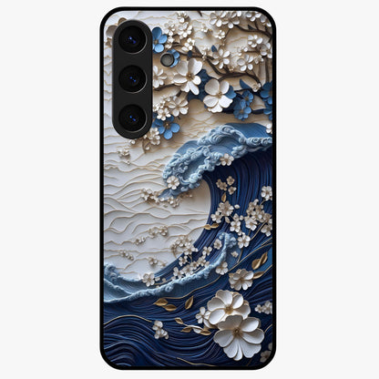 Floral Wave Origami Glass Case showing flat back view with origami inspired floral wave artwork and glossy glass finish.