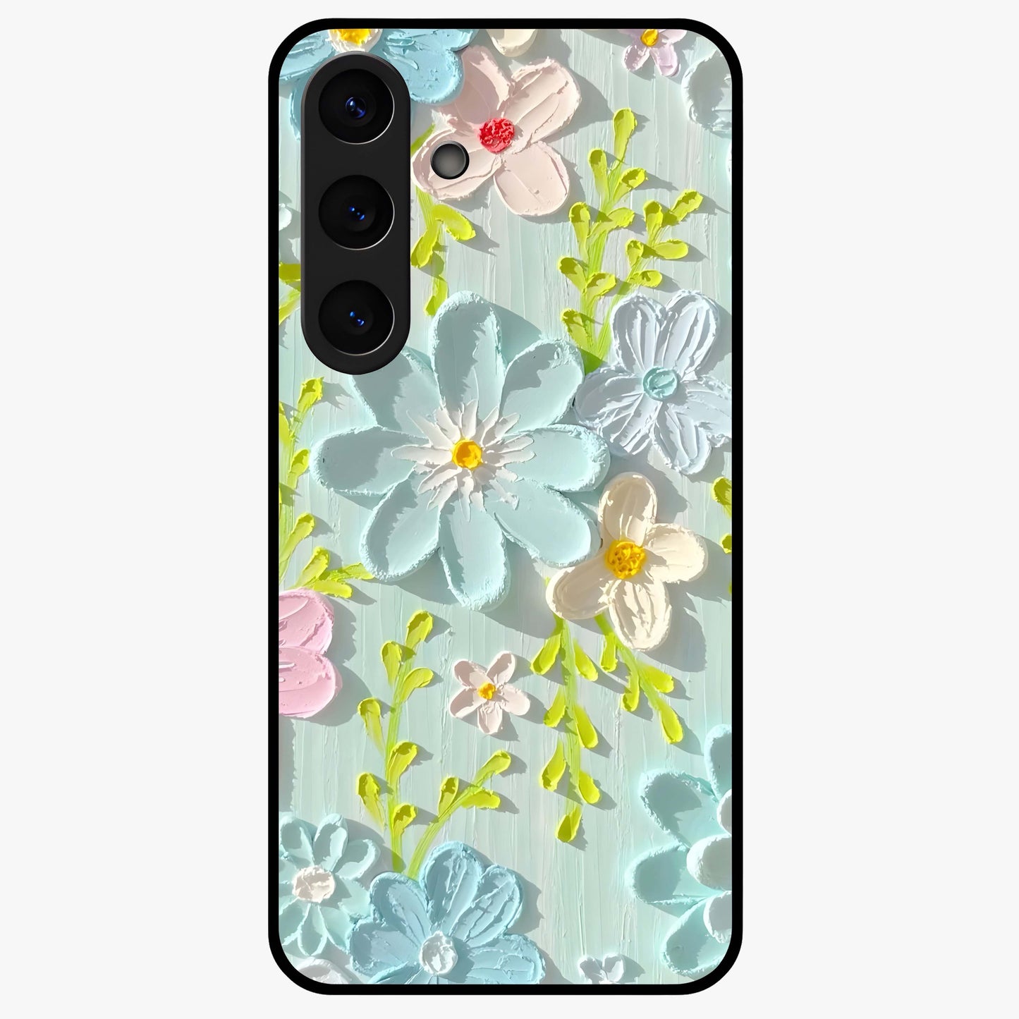 Frosted Petal Garden Glass Case showing flat back view with soft frosted floral artwork and glossy glass finish.
