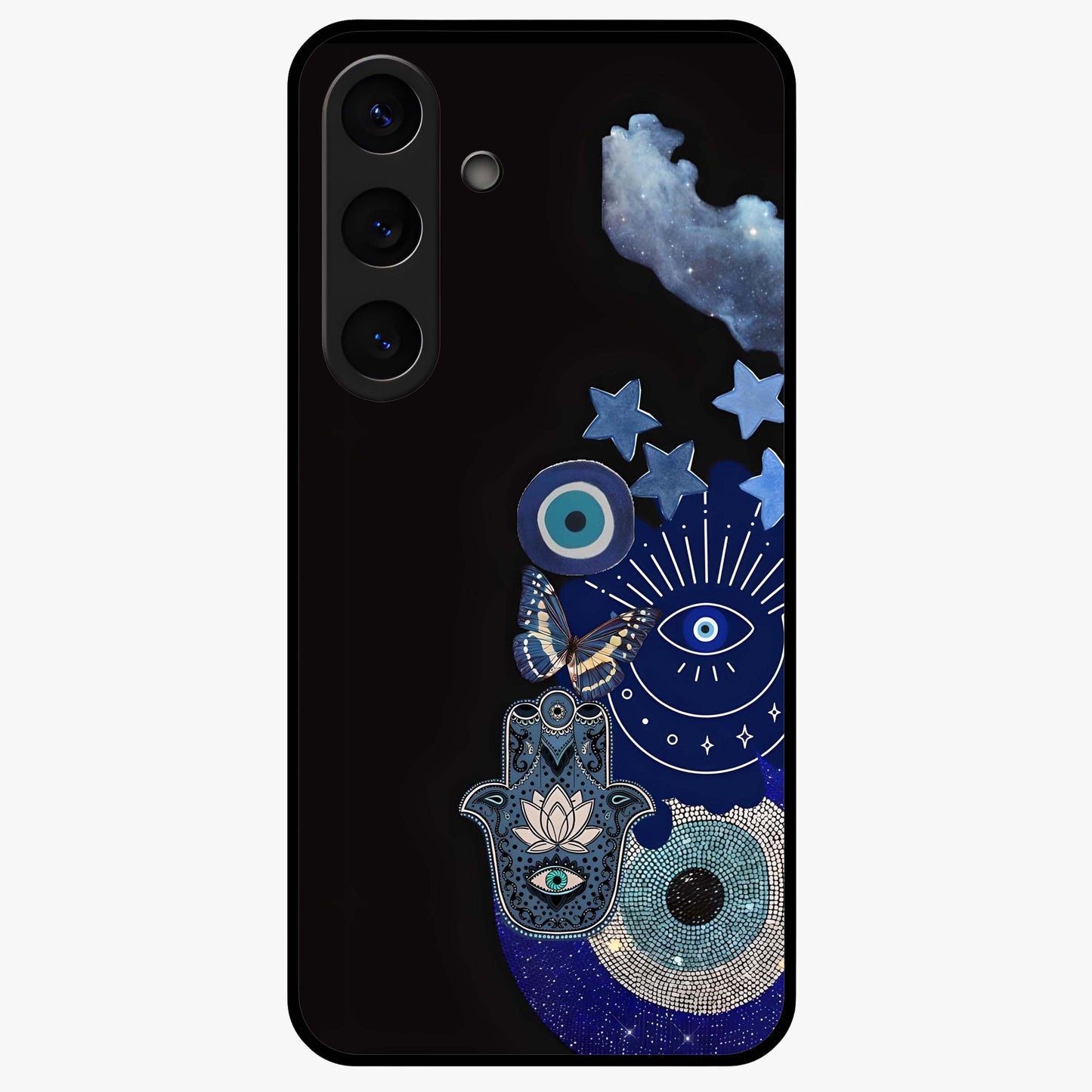 Galactic Charm Cluster Glass Case showing flat back view with glowing celestial charm artwork and glossy glass finish.