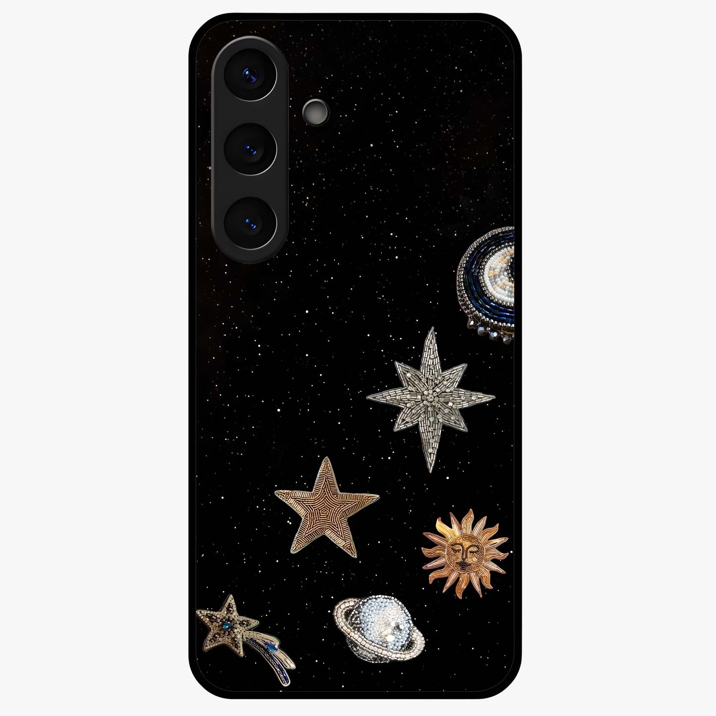 Galactic Charm Glow Glass Case showing flat back view with glowing celestial charm artwork and glossy glass finish.
