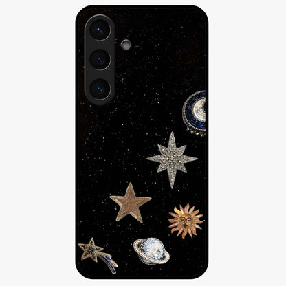 Galactic Charm Glow Glass Case showing flat back view with glowing celestial charm artwork and glossy glass finish.