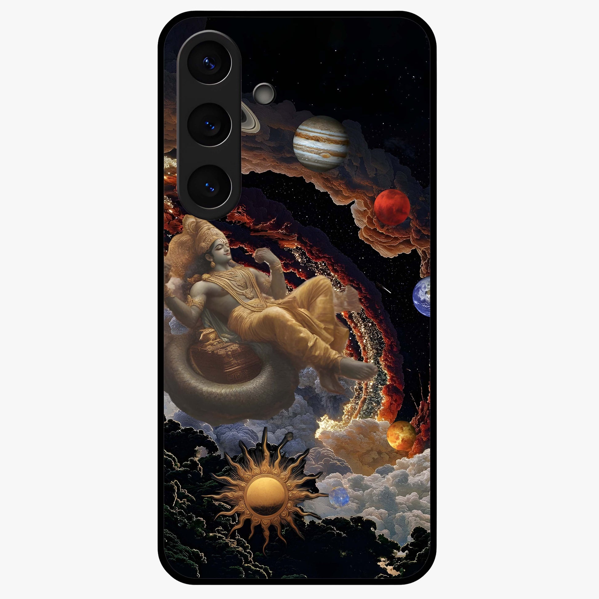 Galactic Divine God Glass Case showing flat back view with divine cosmic themed artwork and glossy glass finish.